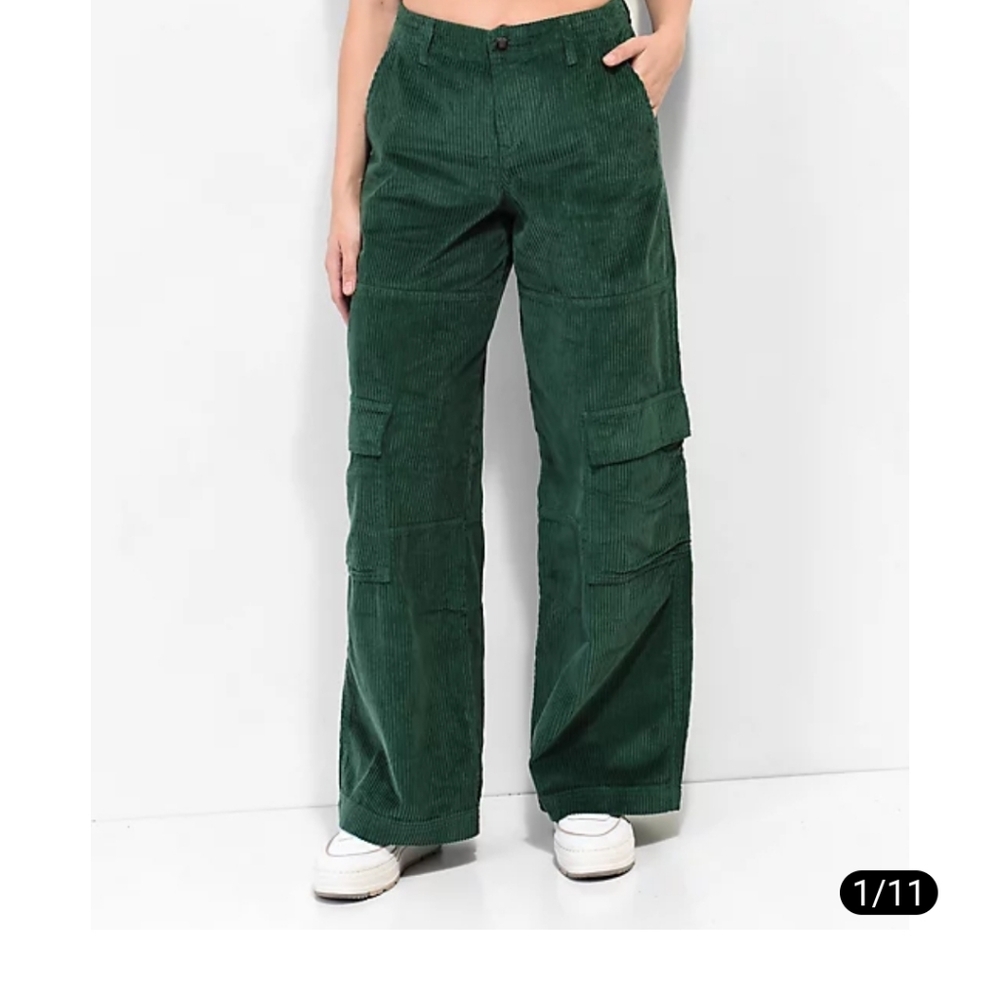 Empyre Dark Green Corduroy Wide-Leg Cargo Jeans